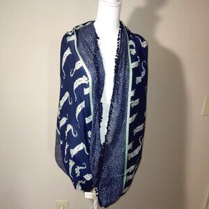 Ann Taylor Loft Panther Print Pom Pom Infinity Scarf Navy Blue and White OS